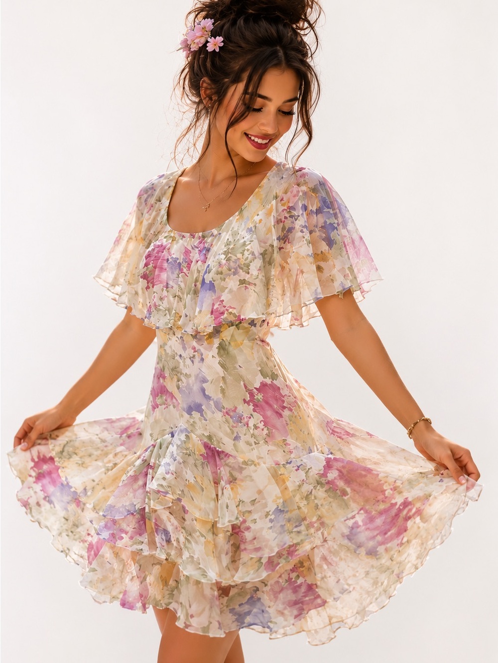 Ursula of Switzerland Pastel Floral Ruffle Mini Dress